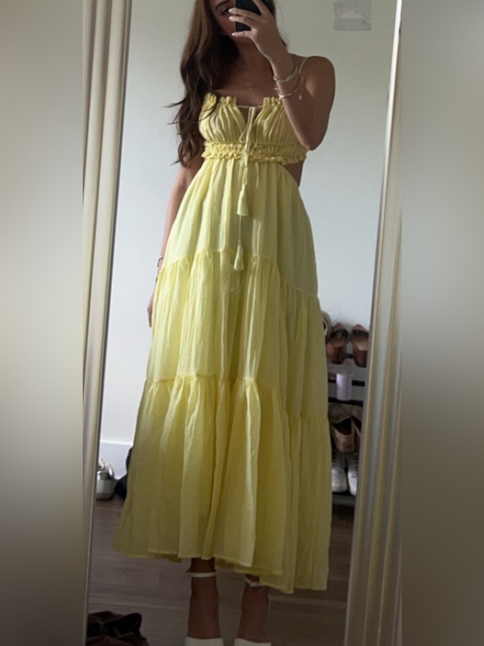 Yellow Tiered Maxi Dress with Tie Front